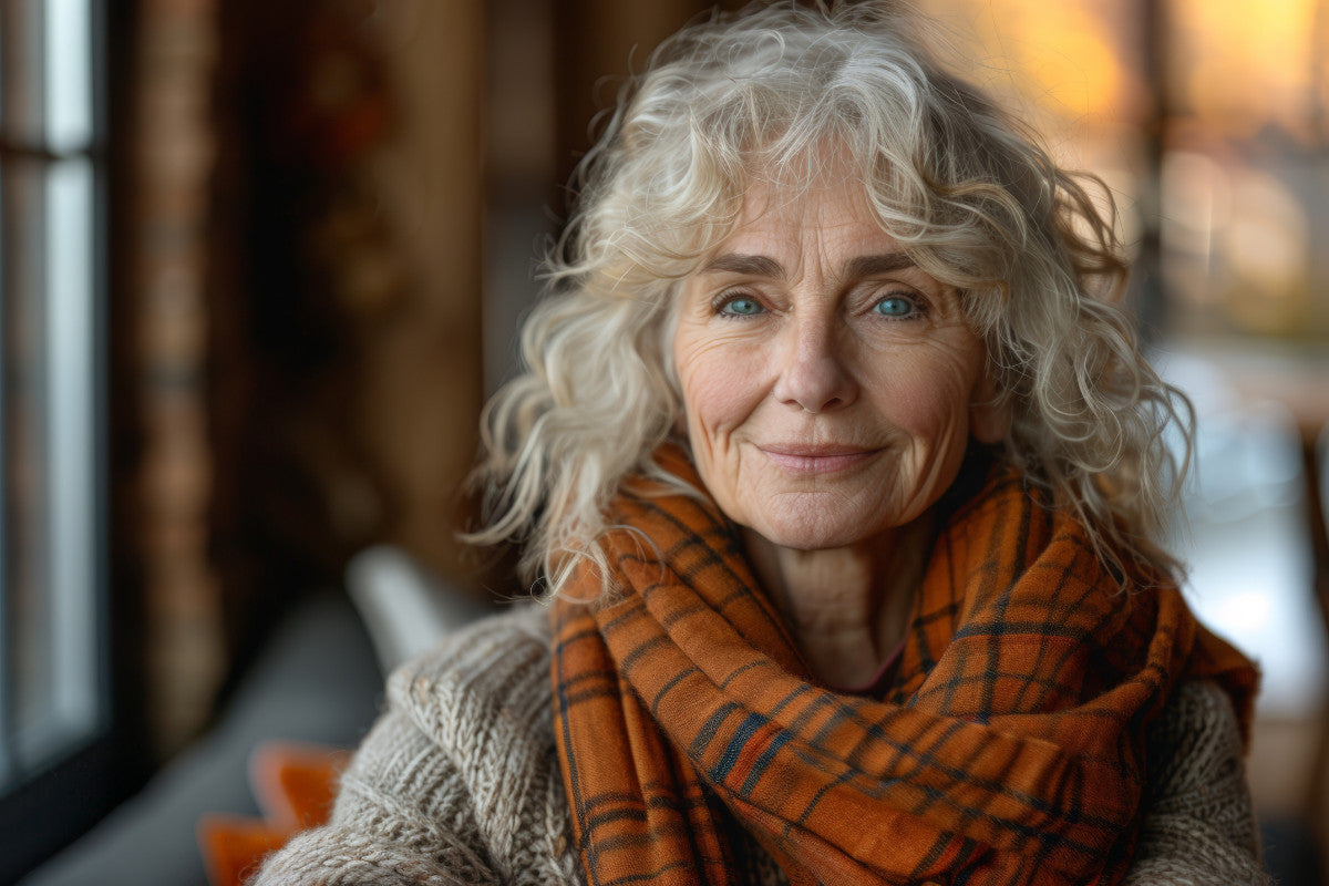 senior woman in orange plaid scarf smiling with hydrated skin.