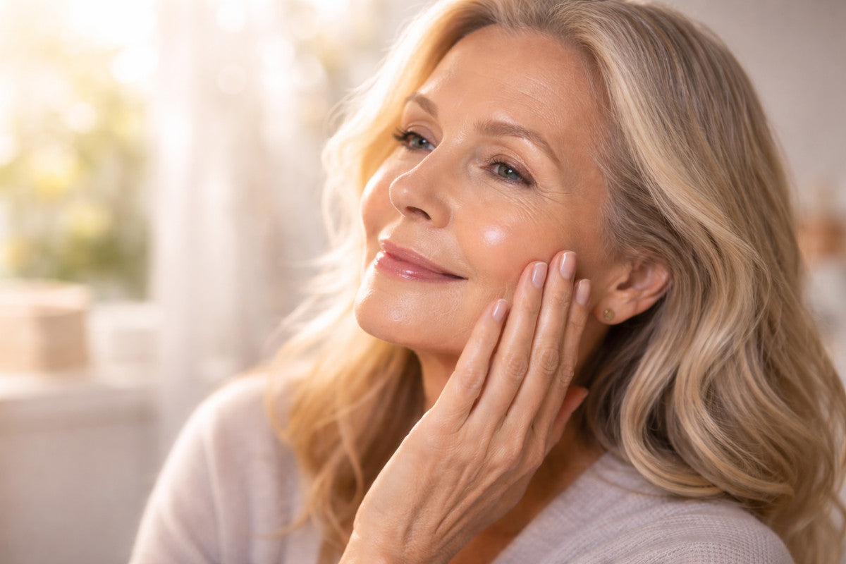 Mature woman with glowing, hydrated skin, gently touching her cheek in soft natural light.