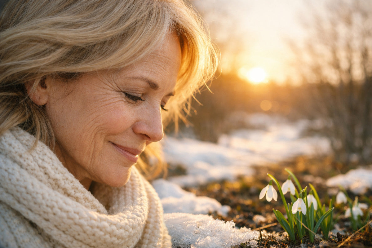 Mature woman in soft winter sunlight, noticing fine lines as early spring begins