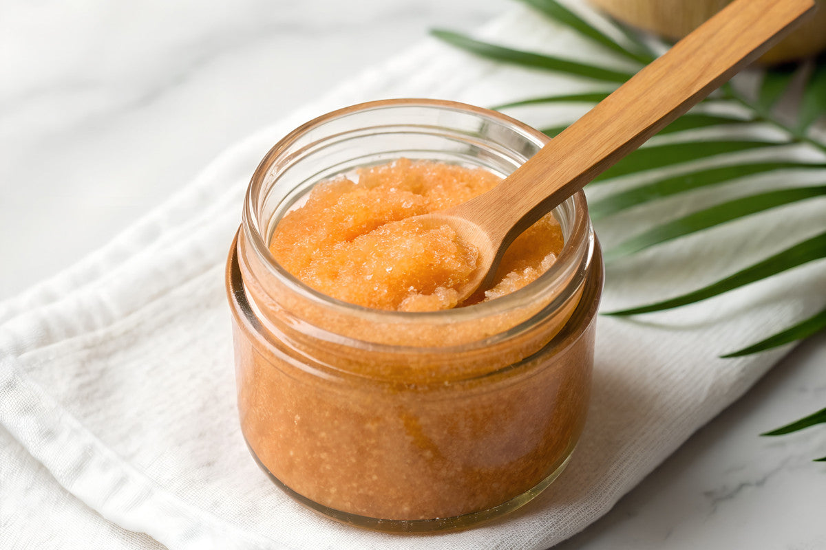 Orange body scrub in small glass jar with a wooden spoon sticking out of it.