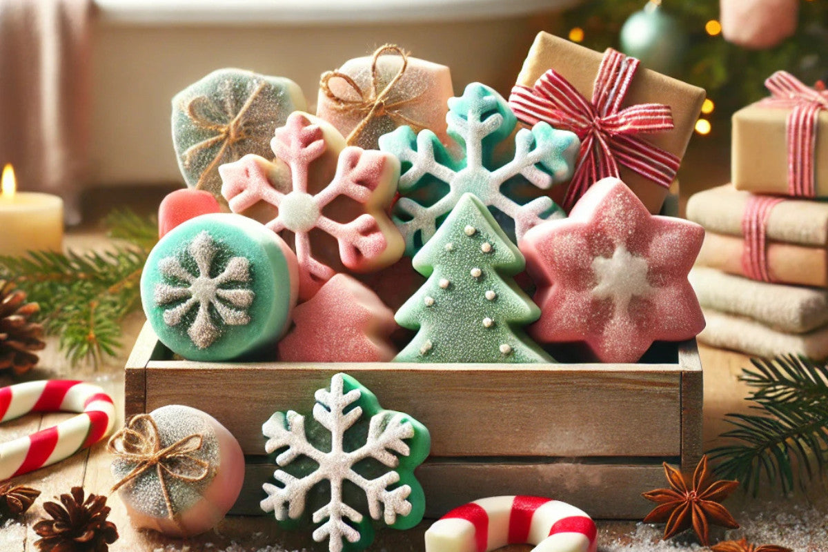 Christmas-themed shower steamers in a wooden crate sitting in front of a bathtub and Christmas tree.