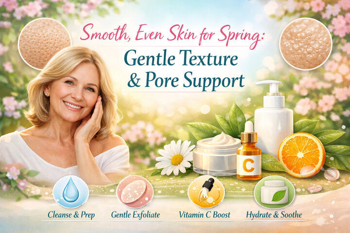 Smiling mature woman with glowing skin in a soft spring setting, alongside skincare products highlighting gentle cleansing, exfoliation, vitamin C, and hydration for smoother, even-looking skin.