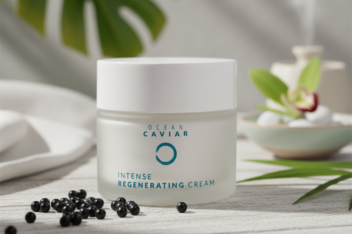 Ocean Caviar Face Cream on white counter.
