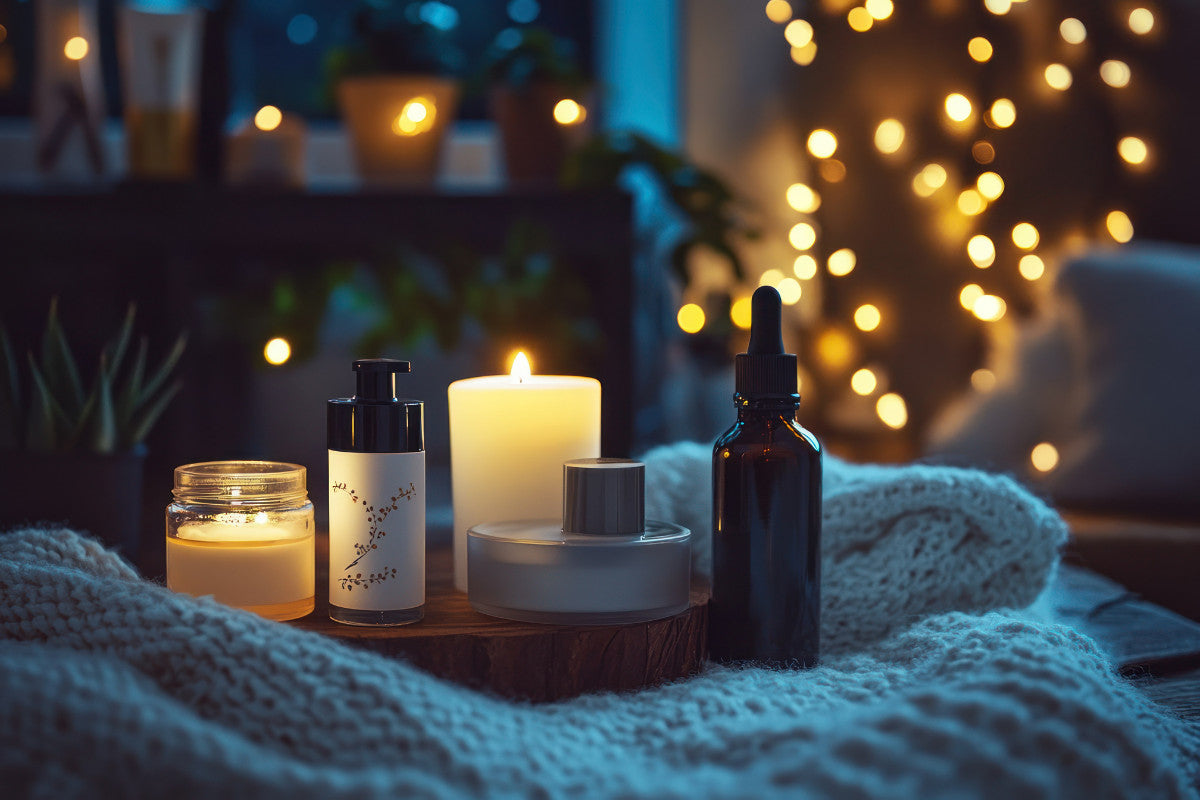 A nighttime skincare routine with products like night cream and serum beside a cozy setup.