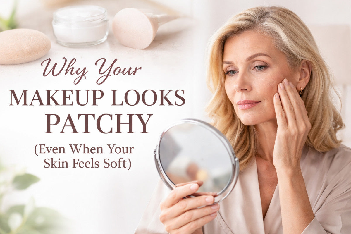 Mature woman in her 50s examining her skin in a handheld mirror, gently touching her cheek.