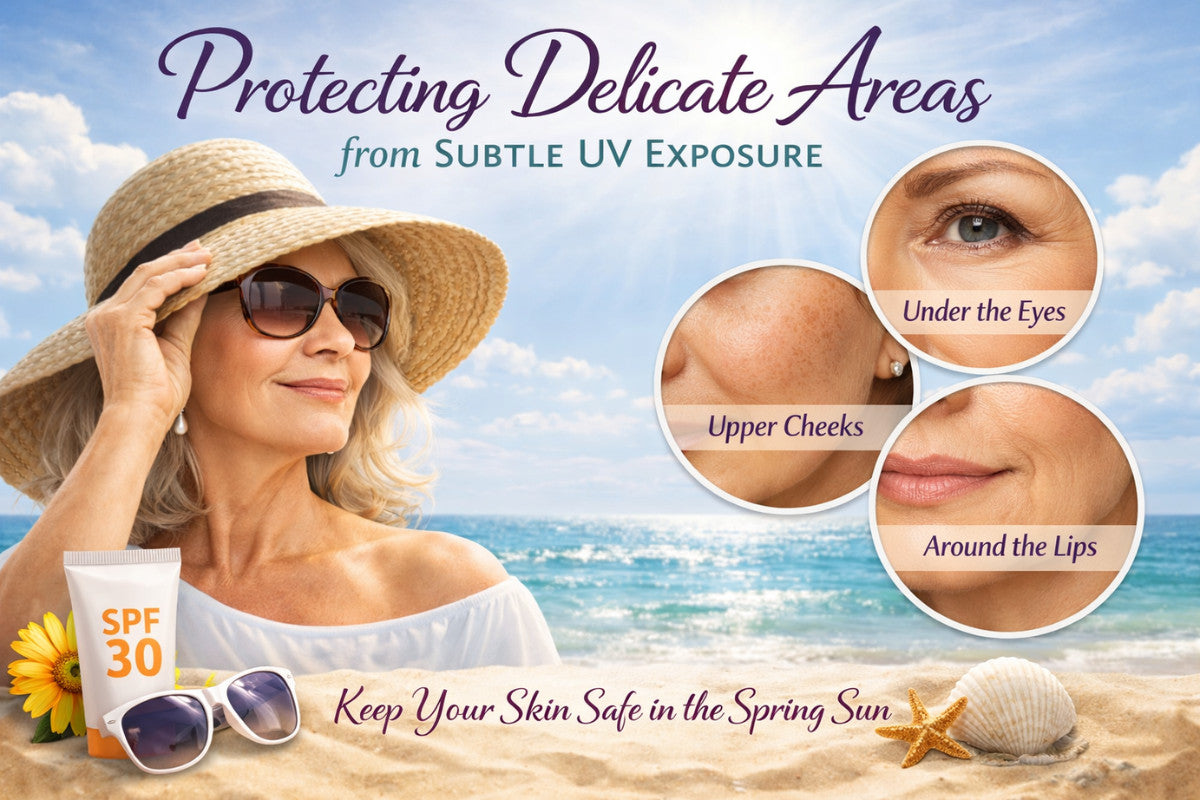 Older woman wearing a sun hat at the beach with text about protecting delicate facial areas from subtle UV exposure.
