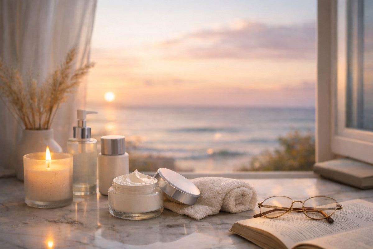 “A serene bathroom vanity at sunrise with skincare products, a rolled towel, lit candle, eyeglasses, and an open book, creating a calm and inviting self-care atmosphere.