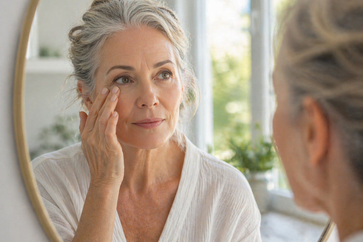Mature woman looking in the mirror and gently touching the skin under her eye in natural daylight