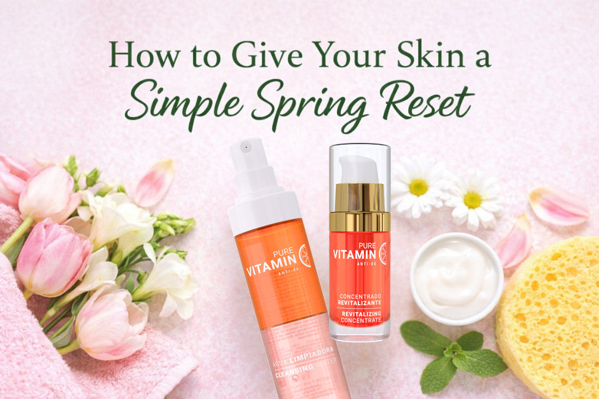 Spring skincare reset with Noche serum, cleanser, cream, and fresh flowers.