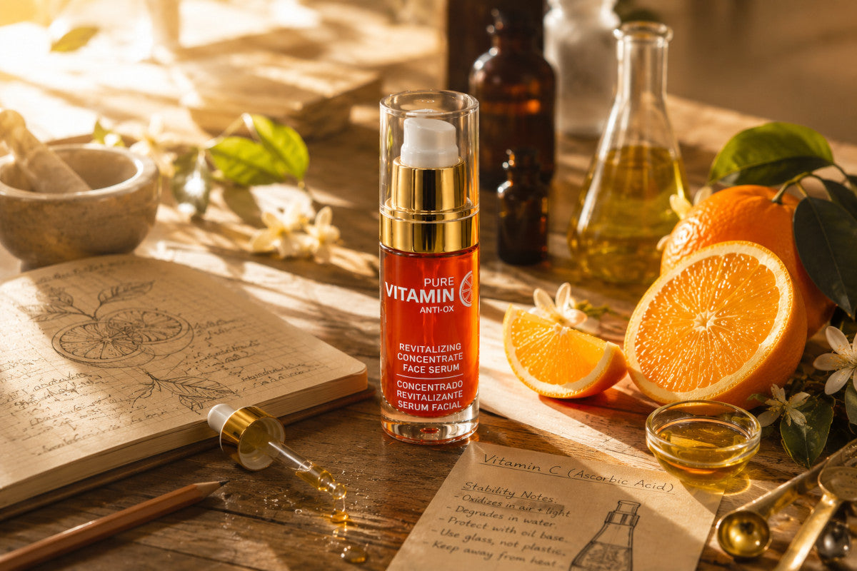 Vitamin C serum with fresh oranges and formulation ingredients