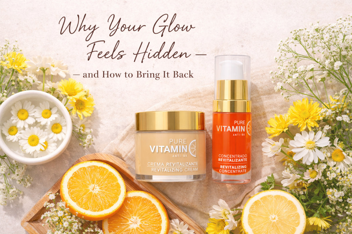 Noche Vitamin C Cream and Serum on a linen cloth with spring flowers and citrus, bathed in soft morning light, evoking fresh, radiant skin.