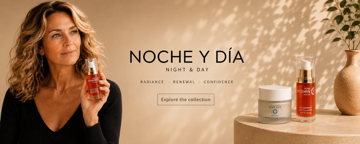 Woman smiling and holding Noche Y Dia Vitamin C Serum