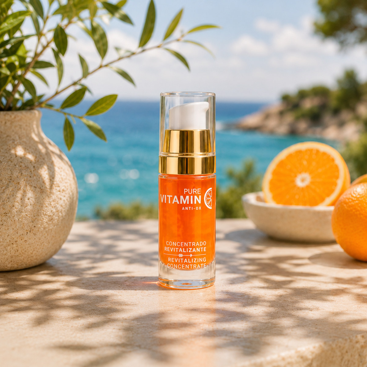 Noche Y Dia Vitamin C Serum on a sunlit terrace by the sea, with fresh oranges